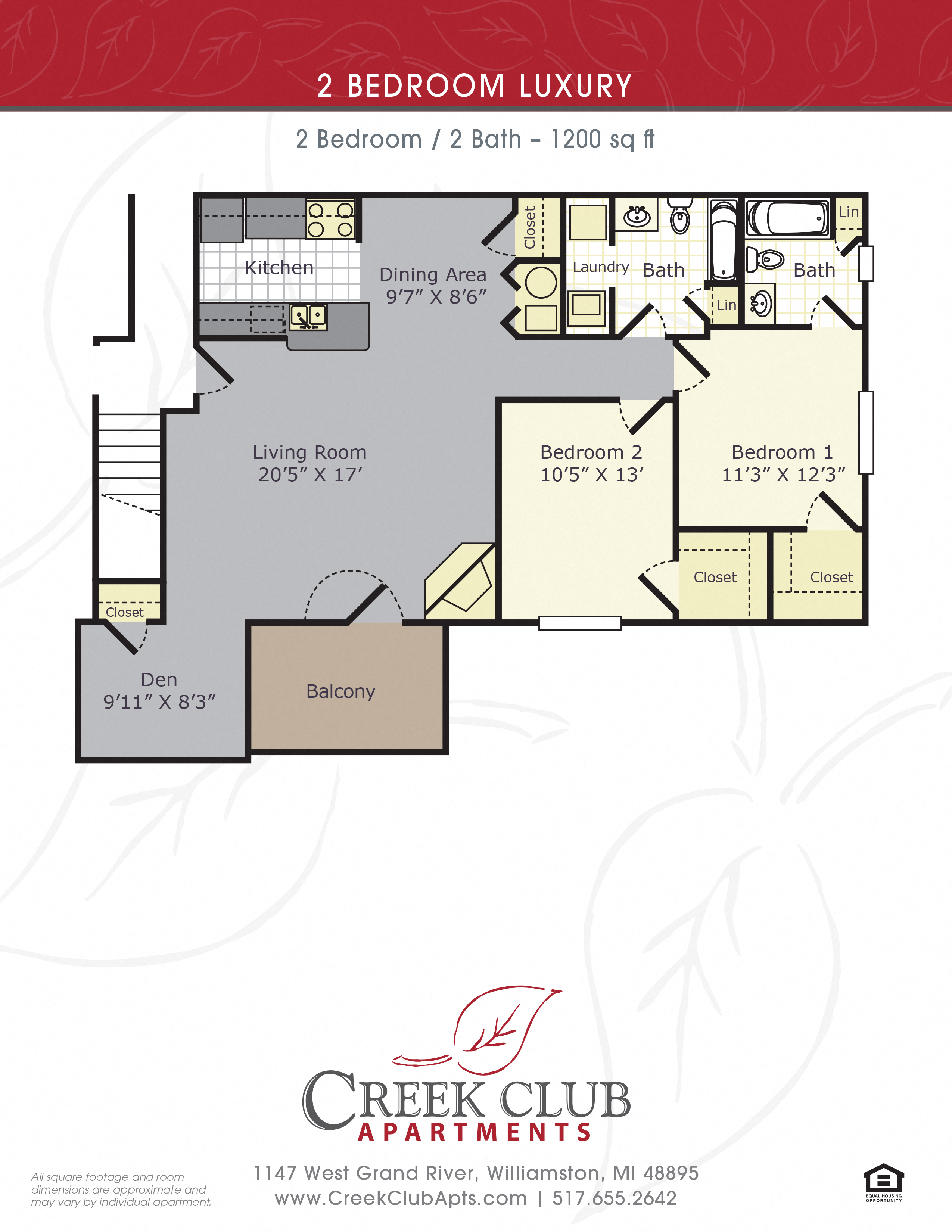 Floor plan for 2 beds, 2 baths, 1200 sqft